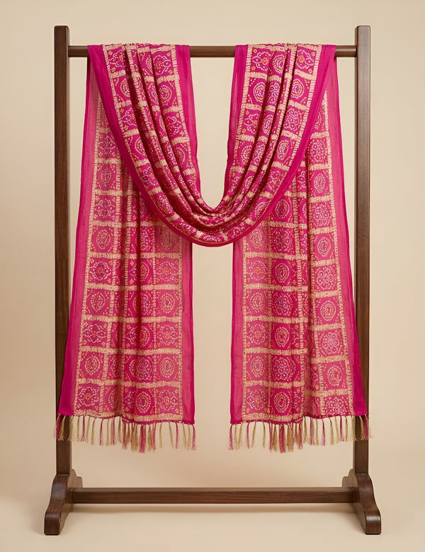 Chinon Bandhani Print Crush Women Rani Dupatta with Traditional Motif Grid Design & Tassel Detailing