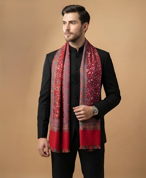 Reserve Mens All-Over Kalamkari Floral Print Bamboo Silk Red Stole
