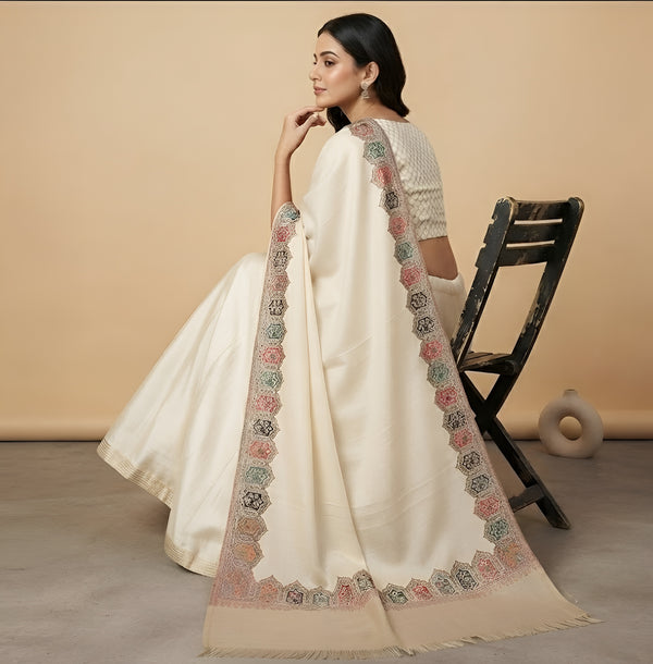 Naqsh-e-Kashmir Woven Kani Jacquard White Shawl with Solid Panel & Traditional Border