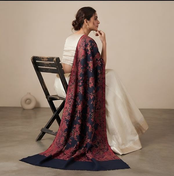 Naqsh-e-Kashmir All-Over Floral Woven Kani Jacquard Wool Blend Black Shawl