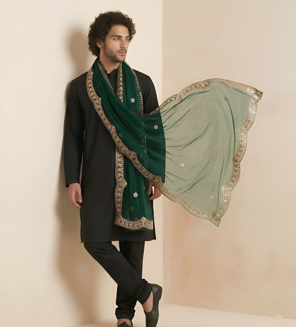 Green Twill Net Mens Dupatta – Scalloped Cutwork Border with Buti Work