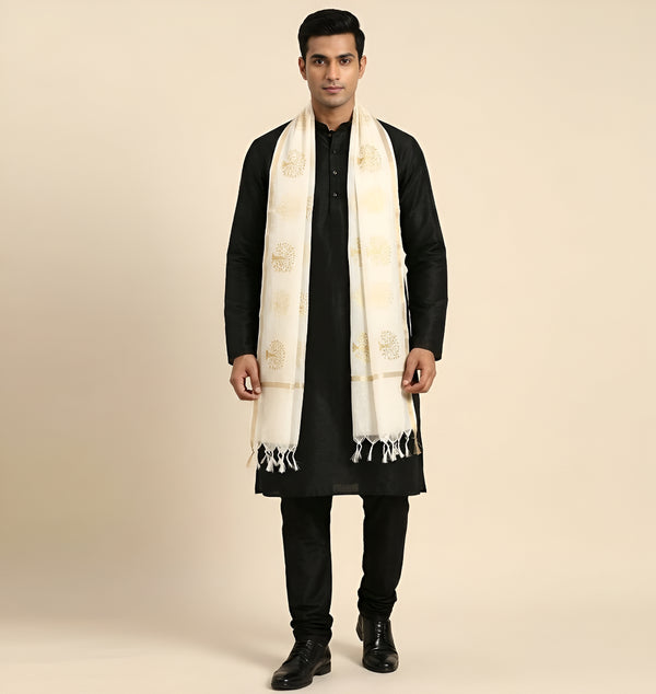Organza Zari Buta Mens Dupatta – White Tone with Gold Woven Design