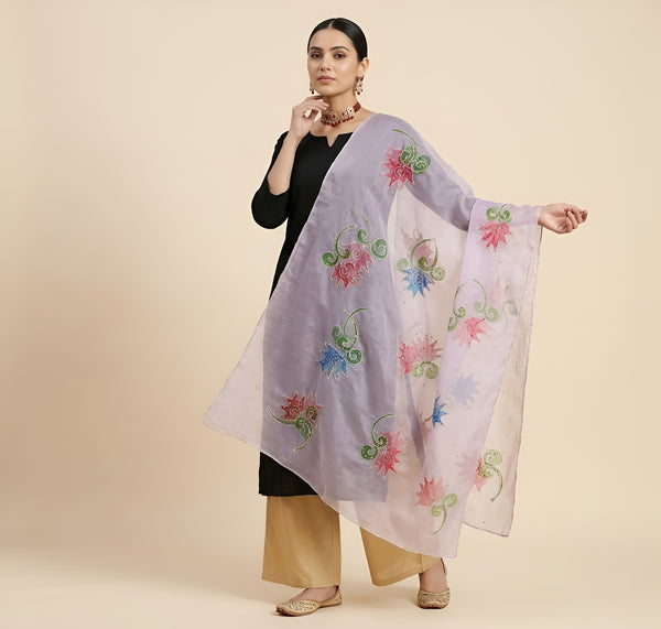 Luxe Organza Women Pink Dupatta with Handbrush Floral Art & Beads