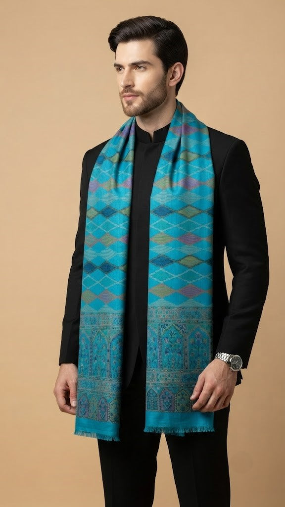 Reserve Mens Wool Blend Multicolor Geometric Diamond Jacquard TealStole with Mughal Floral Border