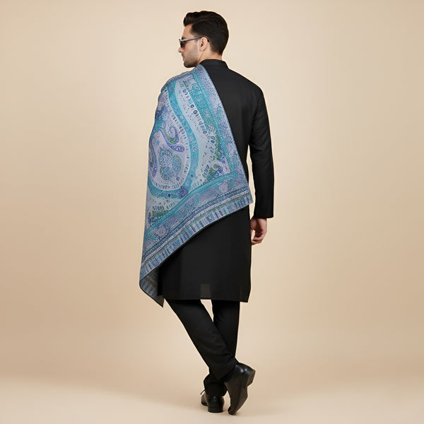 Kani Work Bamboo Silk Cutwork Mens Shawl – Teal & Blue Heritage Wrap (80 x 40 Inches)
