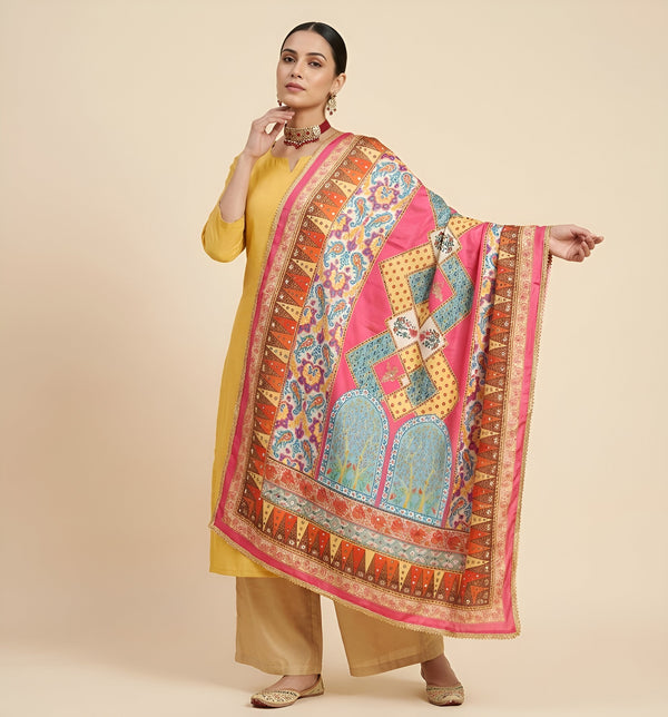 Chinon Floral Mirror Work Women Multicolor Dupatta with Designer Printed Panels & Lace Border