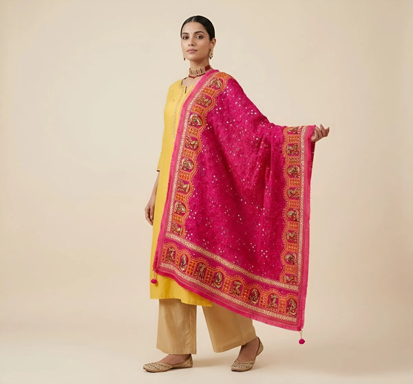 Luxe Chinon Kutch & Phulkari Heritage Art Mirror Work Embroidered Pink Dupatta with Ornate Border