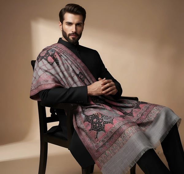 Mir-e-Khas Men's Kashmir-Inspired Paisley Jacquard Grey Shawl with Kani Floral Border