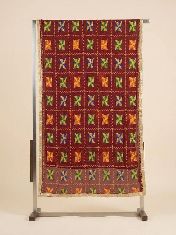 Chinon Phulkari Women Maroon Dupatta with Traditional Motif Work & Tape Border
