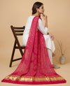 Bamboo Silk Bandhani Inspired Gajji Women Pink Dupatta with Elephant & Floral Motifs and Golden Tape Border