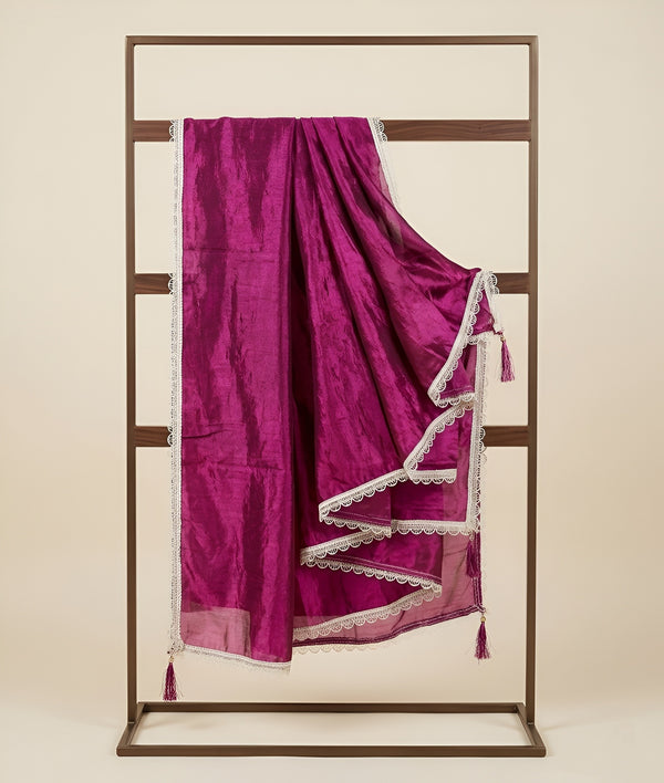 Fendi Women Dupatta – Wine Tone with Lace Border & Latkan