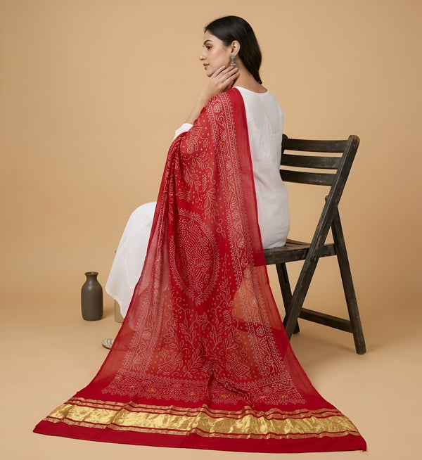 Bamboo Silk Bandhani Inspired Gajji Women Red Dupatta with Elephant & Floral Motifs and Golden Tape Border