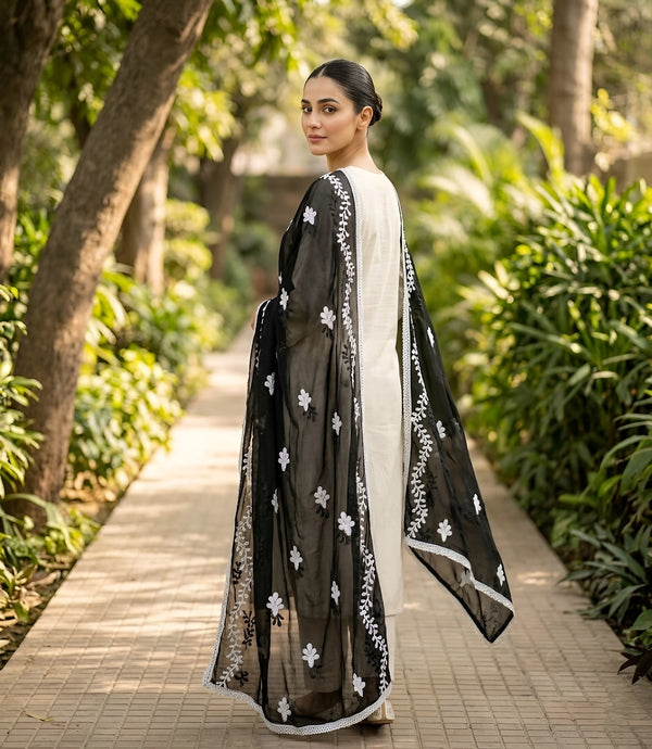 Black Nazneen Chiffon Embroidered Dupatta with Floral Work