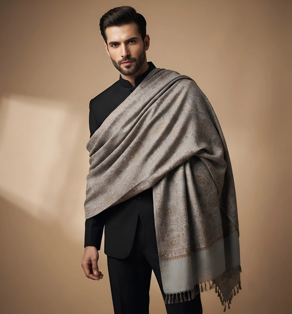 Mir-e-Khas Kashmiri Sozni Jaal Grey Shawl for Men – Wool Blend