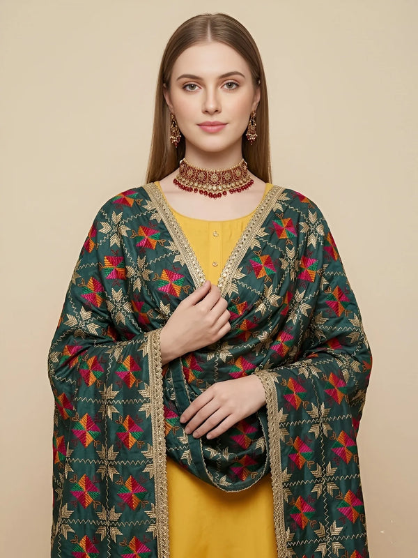 Luxe Chinon Women Phulkari Green Dupatta with Lace Border & Traditional Motif Work