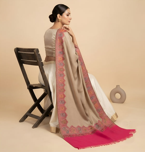 Naqsh-e-Kashmir Woven Kani Jacquard Pink Shawl with Solid Panel & Traditional Border