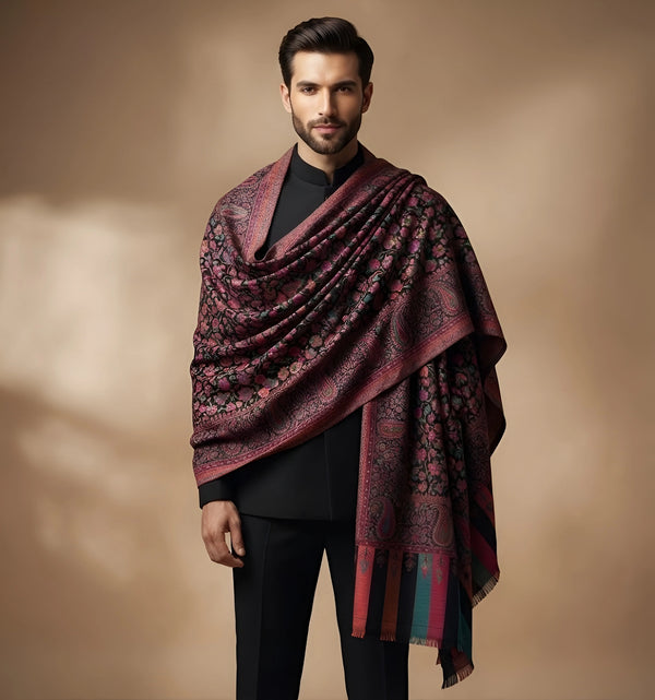 Mir-e-Khas Traditional Kashmiri Kani Weave Black Shawl for Men – Wool Blend