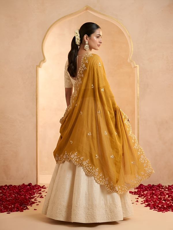 Luxe Rangoli Women Gold Dupatta with 4 Side Scalloped Embroidered Border & Buti Embellishment
