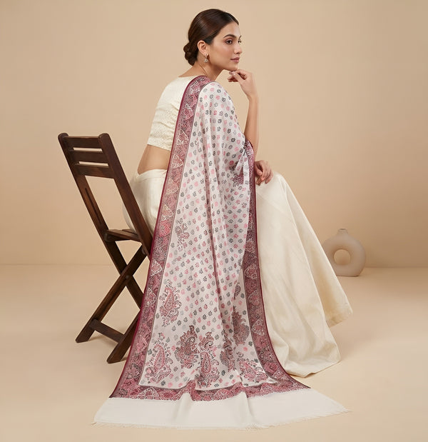 Naqsh-e-Kashmir Kani Woven All-Over Paisley Jacquard White Shawl