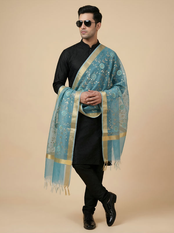 Organza Meena Jaal Mens Dupatta – Teal with Gold Woven Design