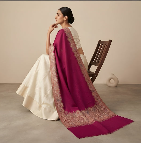 Naqsh-e-Kashmir Woven Kani Jacquard Border Wine Shawl | Wool Blend