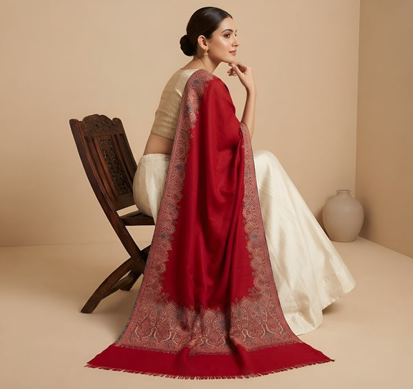 Naqsh-e-Kashmir Woven Kani Jacquard Border Maroon Shawl | Wool Blend