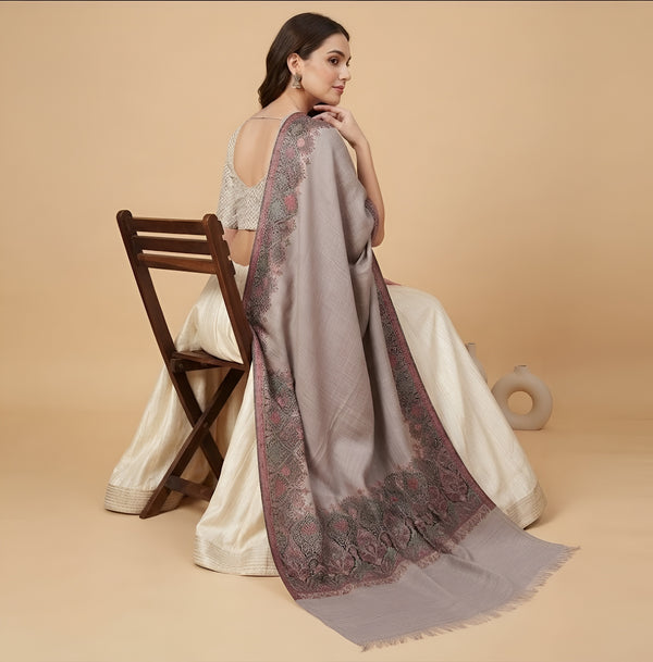 Naqsh-e-Kashmir Woven Kani Jacquard Border Grey Shawl | Wool Blend