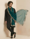 Teal Twill Net Mens Dupatta – Scalloped Cutwork Border with Buti Work
