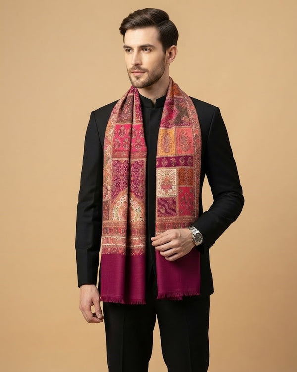 Noble Mens Patchwork Kani Jacquard Woven Maroon Stole