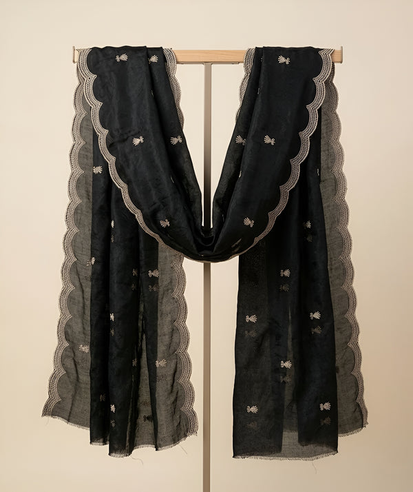 Designer Twill Net Women Black Dupatta with 2 Side Scalloped Border & Buti Embellishment
