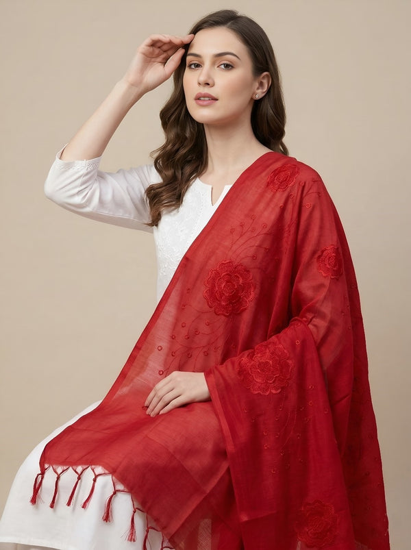 Red Cotton Embroidered Dupatta | Summer Edit Lightweight Ethnic Essential
