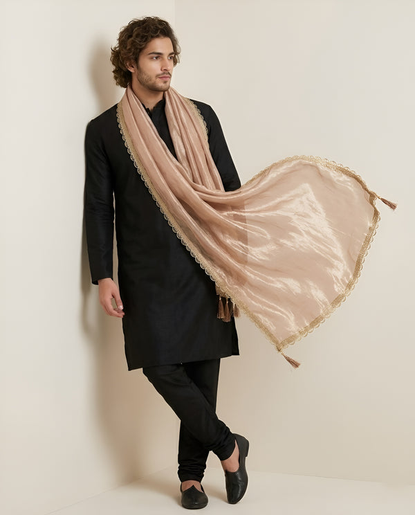 Fendi Mens Dupatta – Beige Tone with Lace Border & Latkan Finish