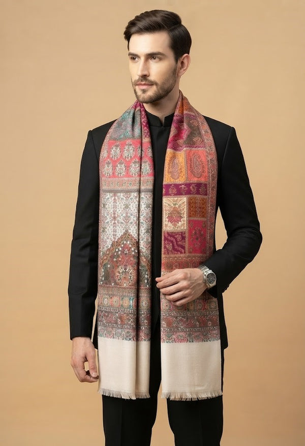 Noble Mens Patchwork Kani Jacquard Woven White Stole