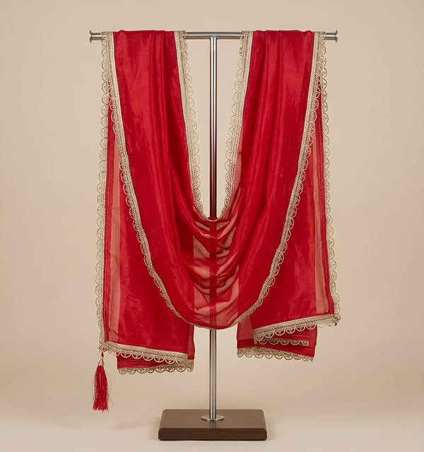 Fendi Women Dupatta – Red Tone with Lace Border & Latkan