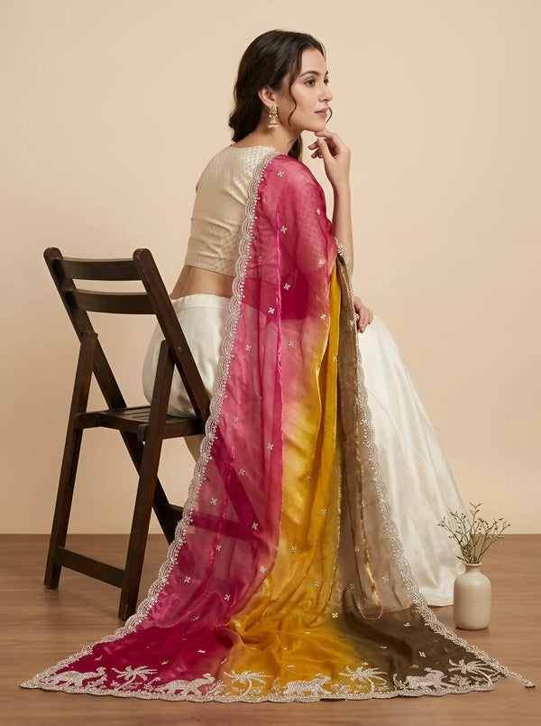 Luxe Fendi Womens Yellow Dupatta with Heritage Zari Buti & Elephant Work