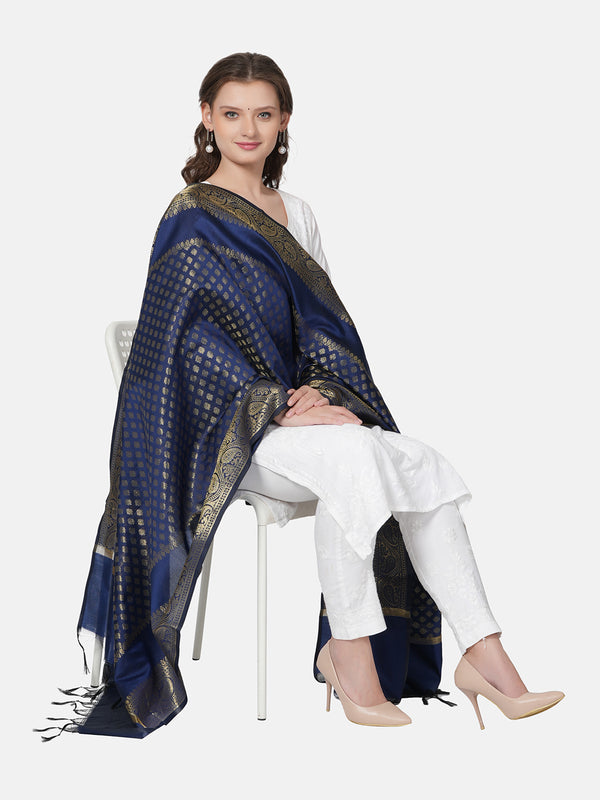 Blue Banarasi Silk Dupatta with Woven Gold Zari Butti & Ornate Border (Size: 2.5x1 m Approx)