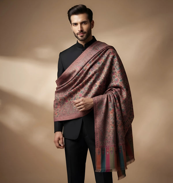 Mir-e-Khas Traditional Kashmiri Kani Weave Brown Shawl for Men – Wool Blend