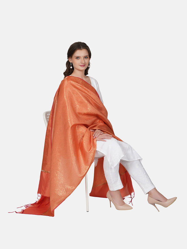 Orange Banarasi Silk Dupatta with All-Over Woven Floral Zari Jaal (Size: 2.5x1 m Approx)