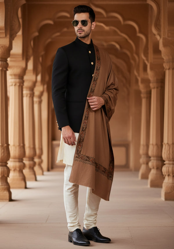 Classic Woolen Mens Shawl with Embroidered Border in Rich Brown (80 x 40 Inches)