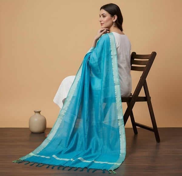 Blue Cotton Dupatta with Golden Border | Lightweight Ethnic Wrap