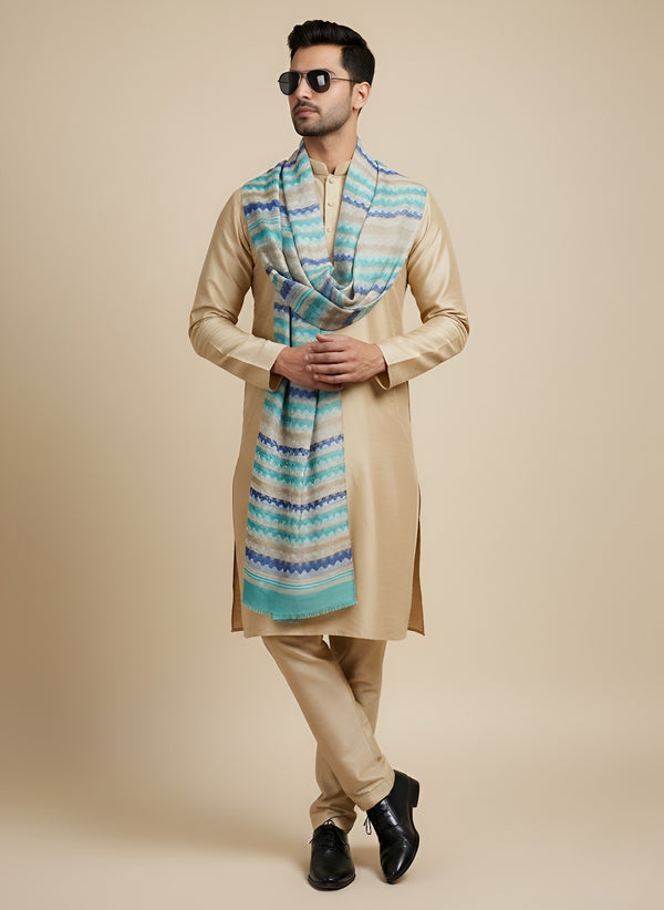 Woolen Zig-Zag Moonlight Zari Mens Stole | Heritage Wrap (80 x 28 Inches)