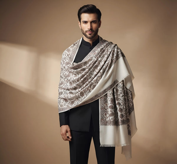 Mir-e-Khas Men's Kashmir-Inspired Jamawar Floral Paisley Vine White Shawl