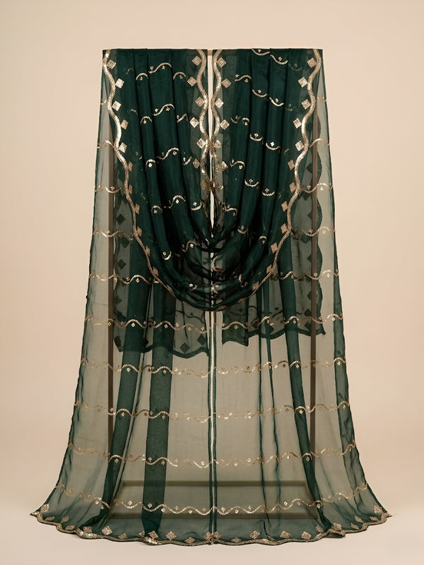 Net Green Dupatta with Twill Zari Sequin Wave Work