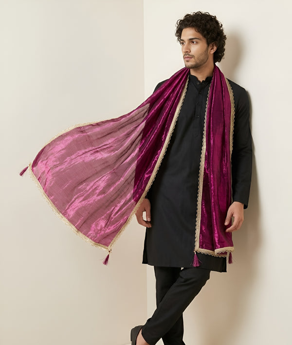Fendi Mens Dupatta – Wine Tone with Lace Border & Latkan Finish