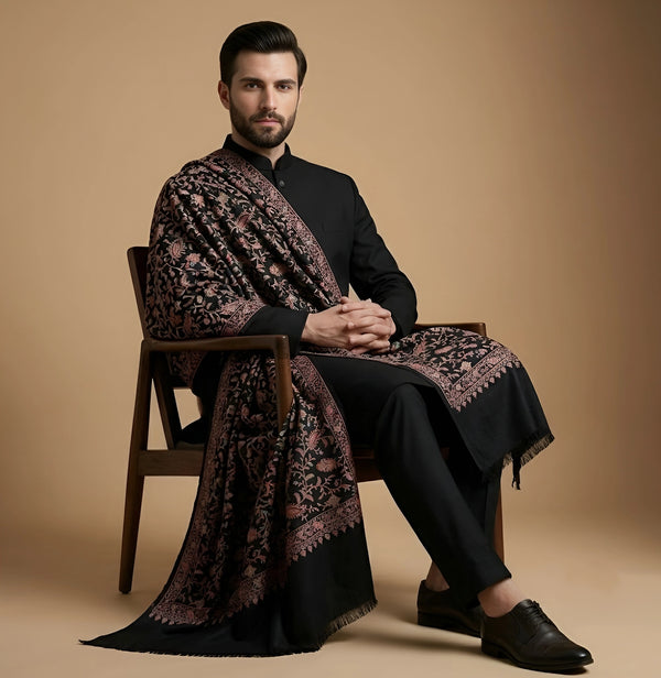 Mir-e-Khas Men's Kashmir-Inspired Jamawar Floral Paisley Vine Black Shawl