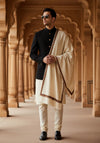 Ivory Woolen Mens Shawl with Traditional Multicolour Embroidered Border (80 x 40 Inches)