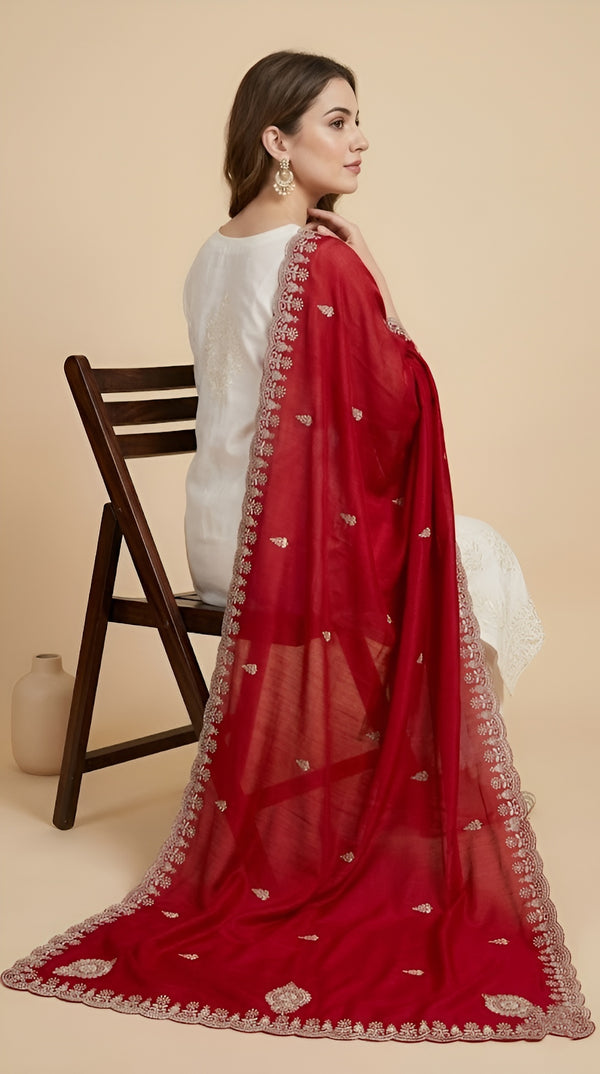Luxe Vichitra Women Red Dupatta with 4 Side Scalloped Embroidered Border & Buti Embellishment