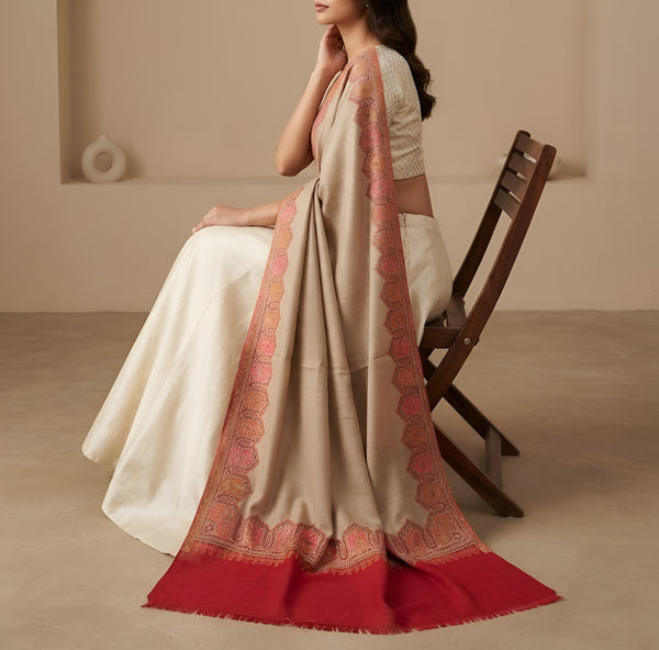 Naqsh-e-Kashmir Woven Kani Jacquard Maroon Shawl with Solid Panel & Traditional Border