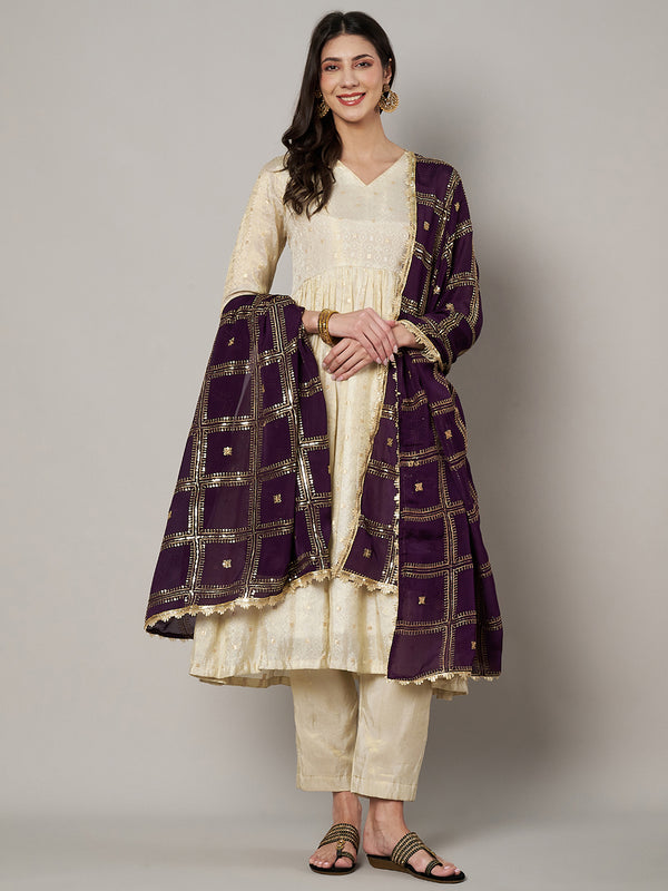 Purple Chinon Dupatta with Gold Grid Embellishment (Size: 2.5x1 m Approx)