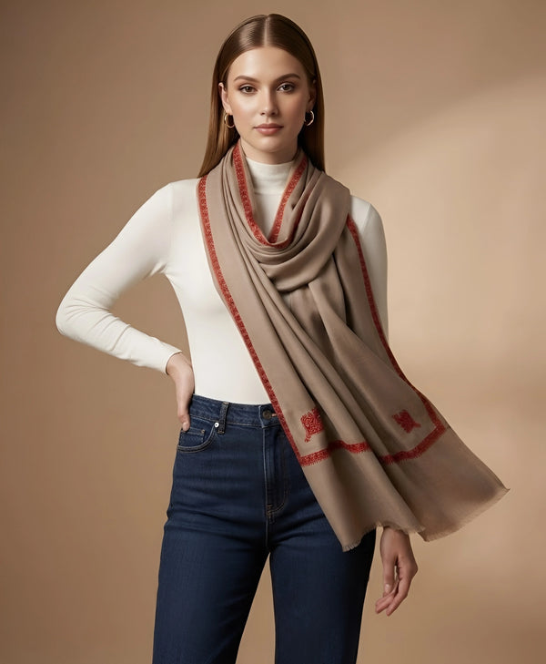 Regal Woven Border Accent Corner Wool Blend Beige Stole| Kashmiri Inspired